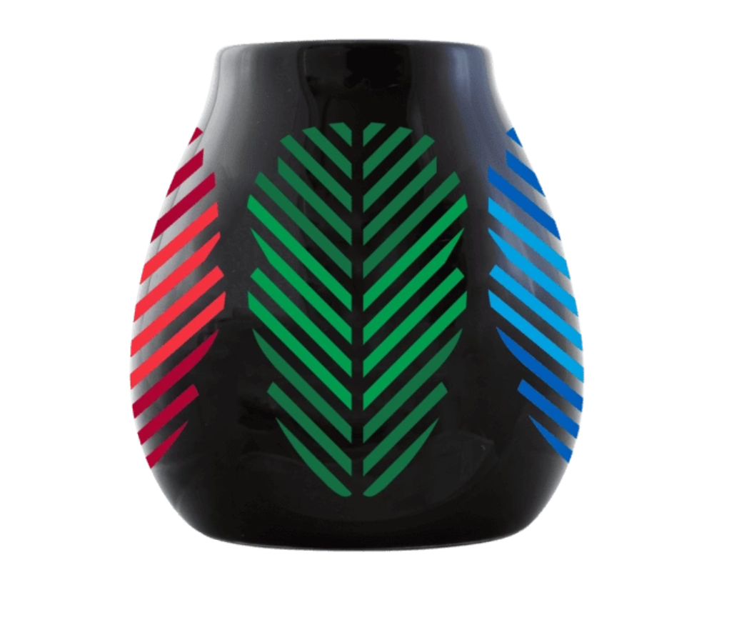 Schwarze Vase mit roten, grünen und blauen Streifen