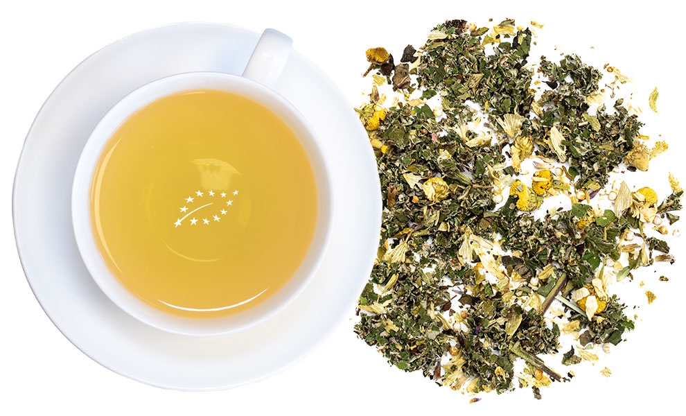 Weiße Tasse mit aufgegossenem Kräutertee neben losem Tee, tee, tee, kraut, kräutertee, lose-blatt