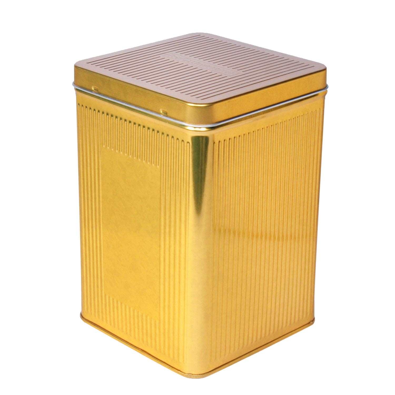 Rechteckige goldene Metalldose mit Deckel, Goldfarbene Dose, Metallbehälter, Geriffelte Oberfläche, Quadratische Dose, Deckel mit Belüftung