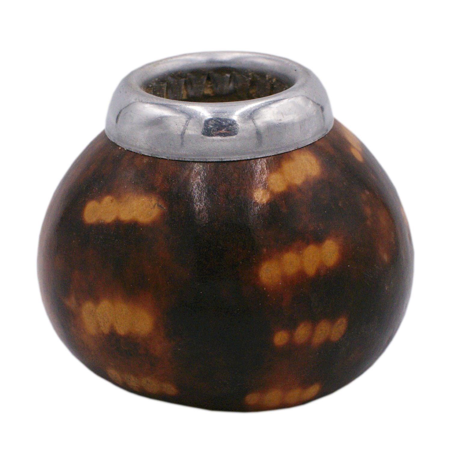 Runder Mate Becher aus Kalebasse mit Metallrand, knopf, Ring, Horn- oder Schildpatt-Optik, Holzperle, Metallkappe