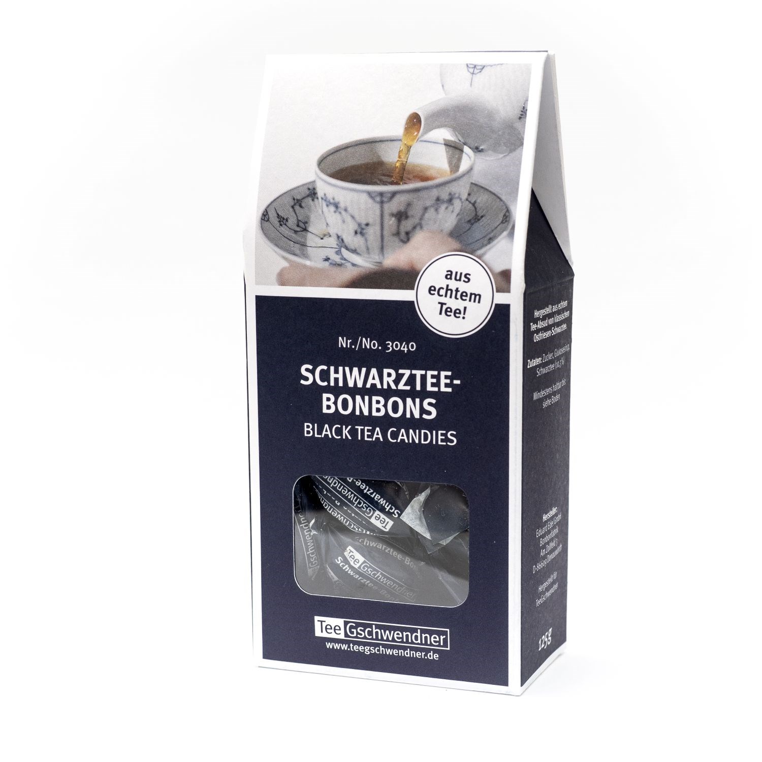 Verpackung Tee Gschwendner Schwarztee-Bonbons 125g, Schwarztee, Bonbons, Teeverpackung, Kartonverpackung, Asiatisches Teegeschirr-Design