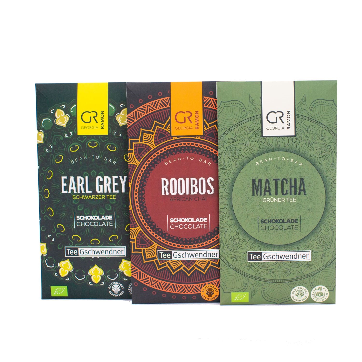 Drei Tafeln Tee Gschwendner Schokolade Earl Grey, Rooibos, M, Schokolade, Tee, Beuteltee, Matcha, Herstellerunbekannt