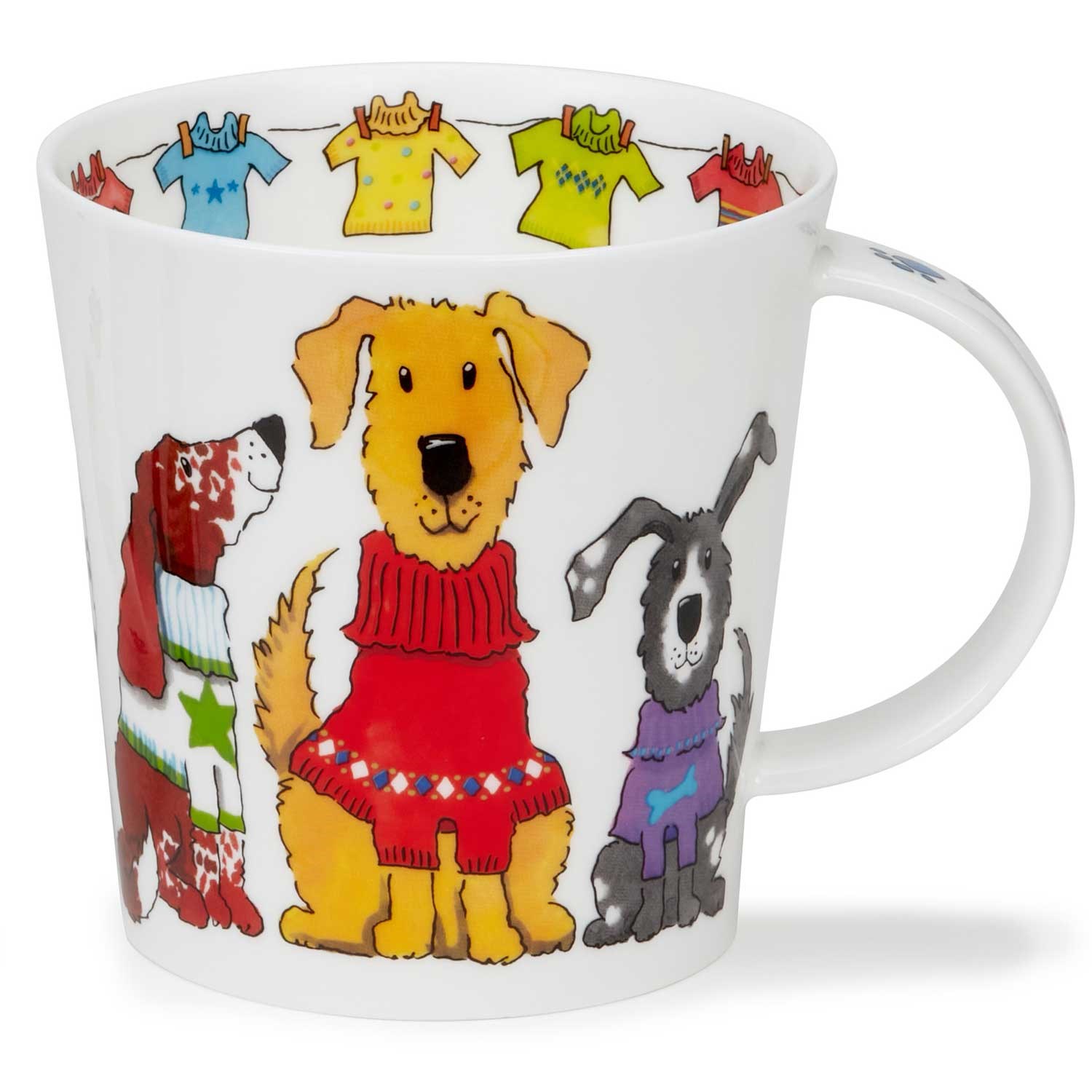 White porcelain mug featuring cheerful dogs in jumpers and a colourful clothesline design