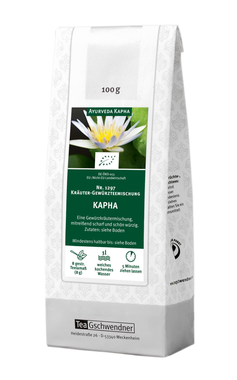 TeaGschwendner Ayurveda Kapha Kräuter-Gewürztee 100g Beutel, Kräuter-Gewürztee, KAPHA, Ayurveda, Blume, Weiß