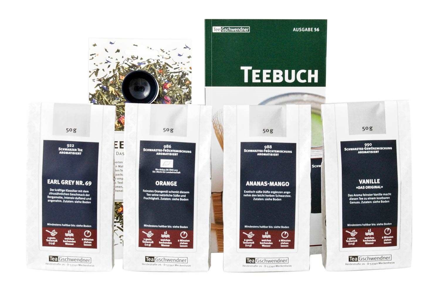 TeeGschwendner Set mit vier Schwarztee-Sorten und Teebuch, tee, teeauswahl, loser tee, geschenkset, verschiedene geschmacksrichtungen