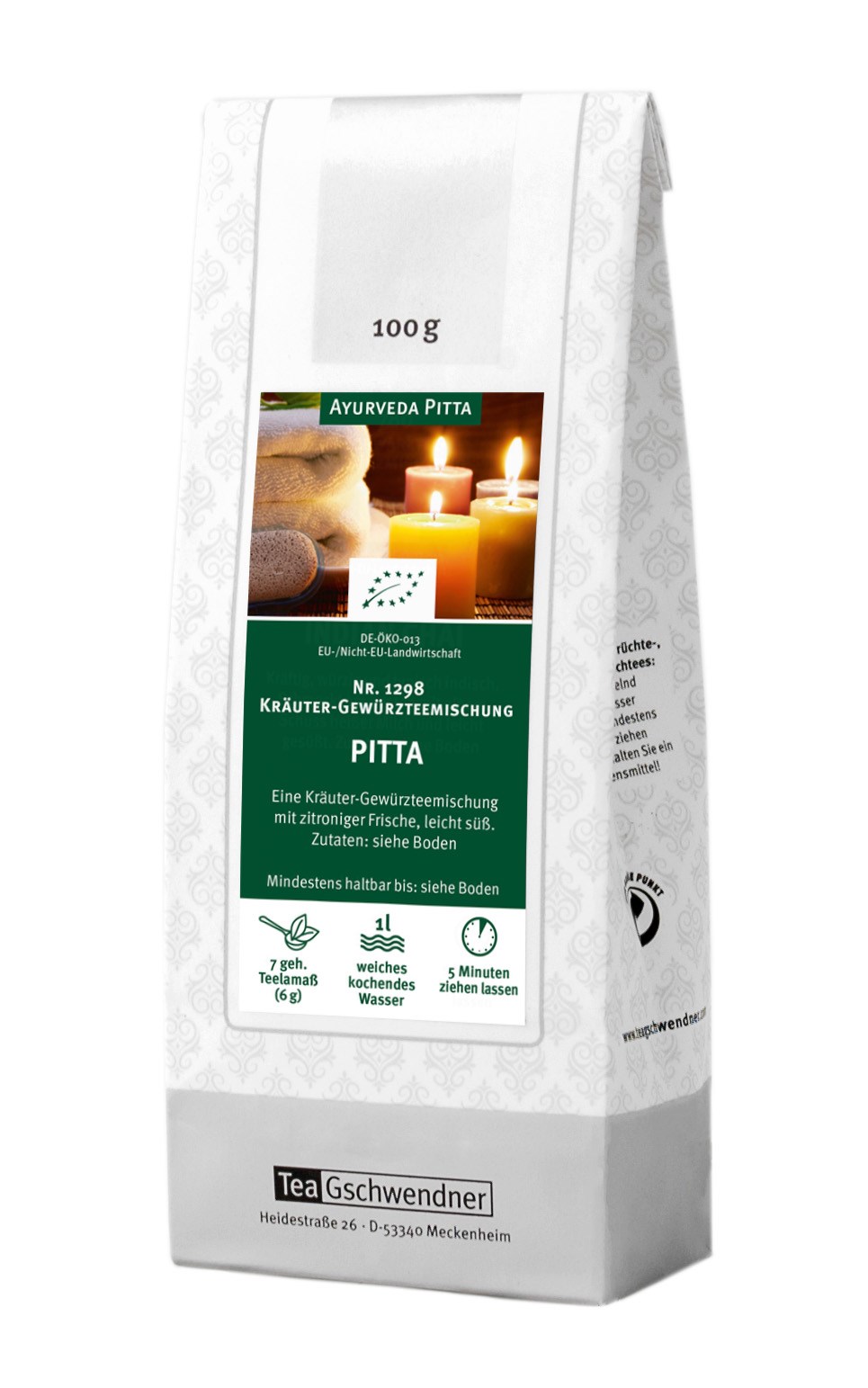 Teegpackung Ayurveda Pitta Kräuter-Gewürztee 100g, Pitta, Kräuter-Gewürztee, Teemischung, Zitrone, 1 l