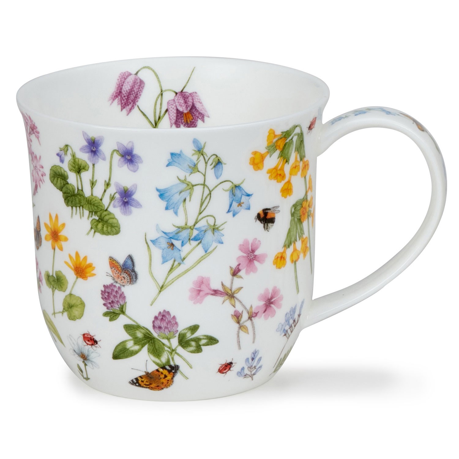 White porcelain mug with delicate colourful flowers and small insects such as butterflies and ladybirds