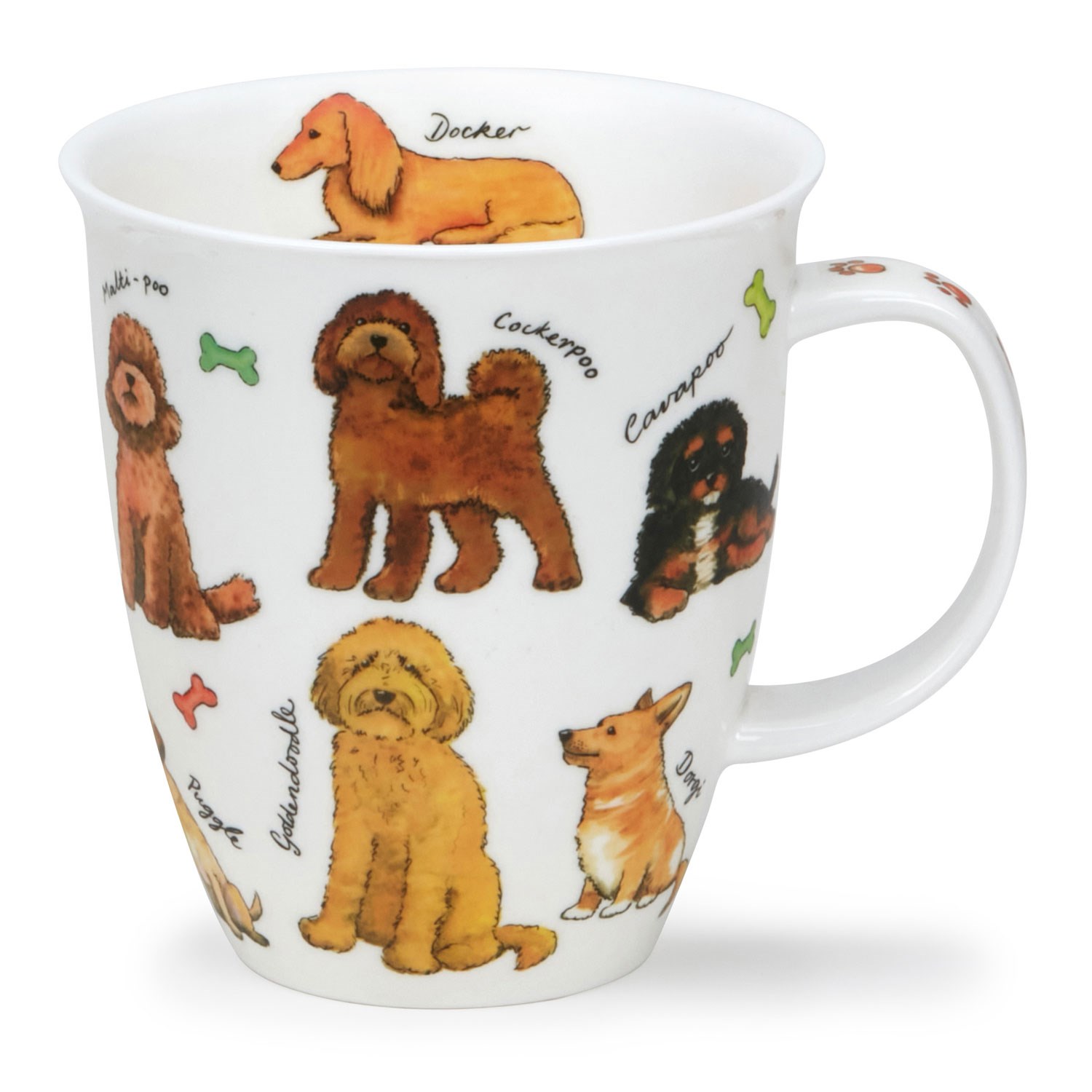 White porcelain mug with colourful illustrations of different dog breeds and bone motifs