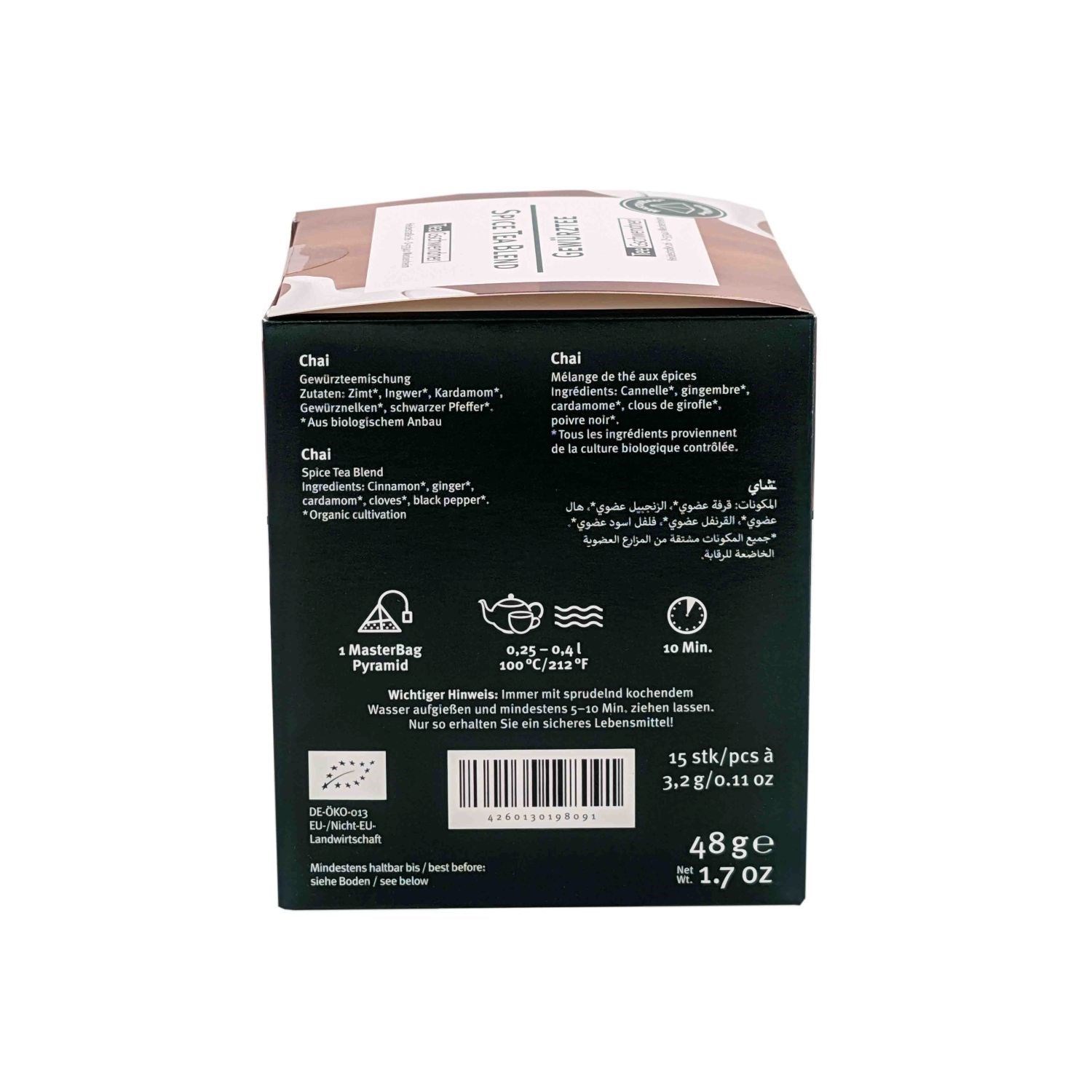Rückseite einer Packung Bio Chai Gewürztee 48 g, Chai, Gewürztee, Spice Tea Blend, Kartonverpackung, 90 g?