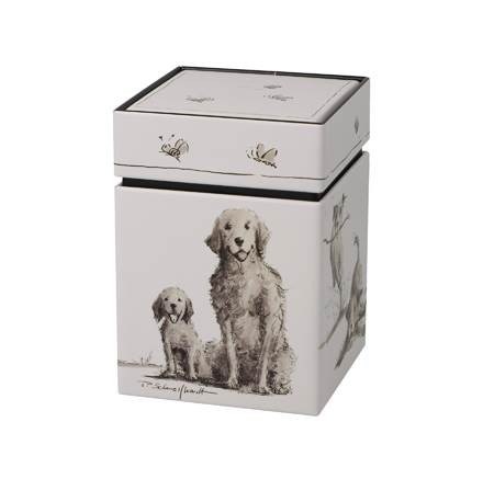 White storage tin with lid, decorated with illustrated dogs in a sketch-style design