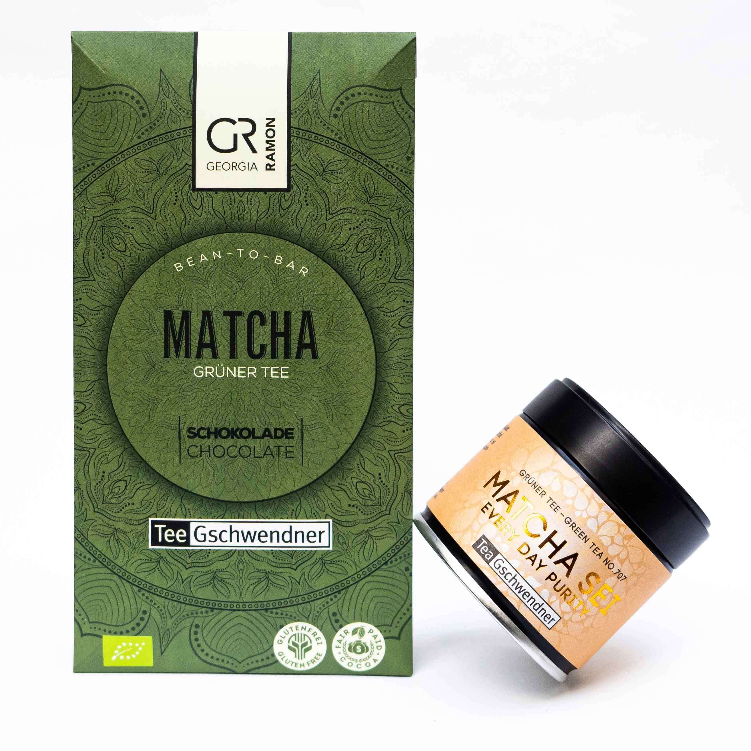 Verpackung TeeGschwendner Matcha Schokolade und Matcha Set, Matcha, Grüner Tee, Schokolade, Glutenfrei, Bean-to-bar