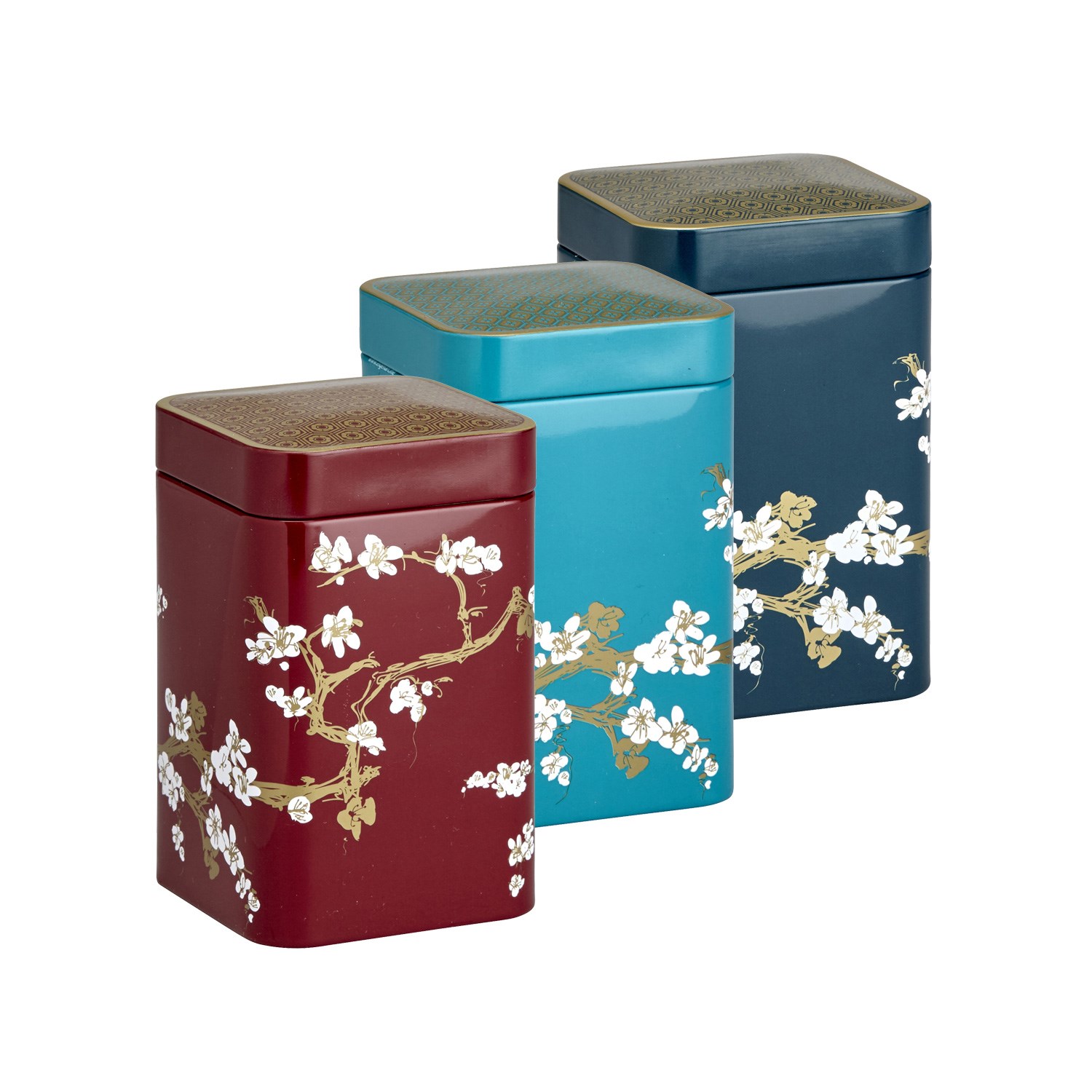 Drei Teedosen mit Kirschblütenmotiv in Rot, Türkis, Blau, Teedosen, Metalldose, Blumenmuster, Aufbewahrungsdose, Keksdose