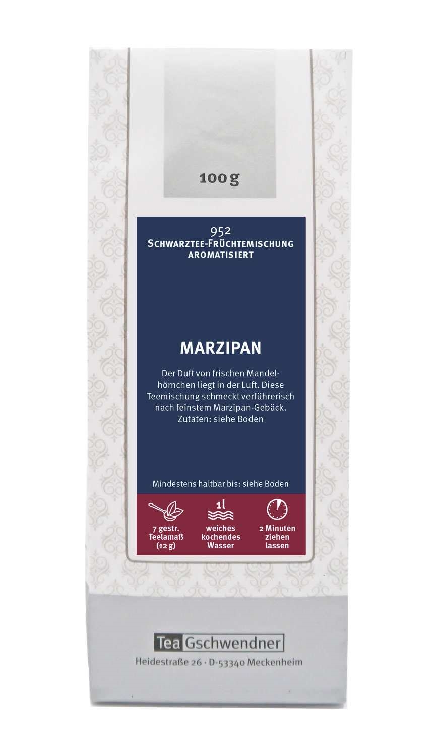Teepackung Tea Gschwendner Schwarzer Tee Marzipan 100g, Marzipan, Tee, Fruchtmischung, Aromatisiert, 100 g
