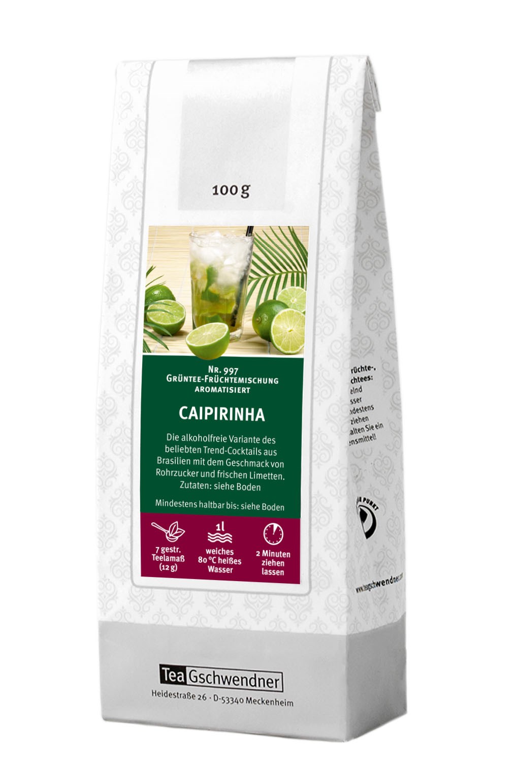 Teegschwendner Caipirinha Grüntee-Früchtemischung 100g, Caipirinha, Cocktail-Mischung, Grüntee, Limette, alkoholfrei