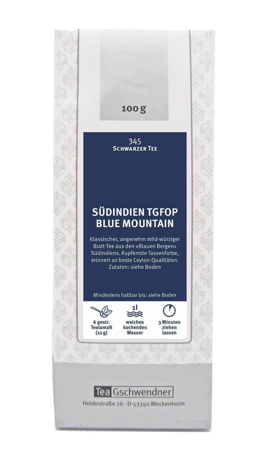 Teegschwendner Südindien TGfOP Blue Mountain 100g Tee, Schwarztee, Blätter-Tee, Blue Mountain, Teebeutel, 100 g