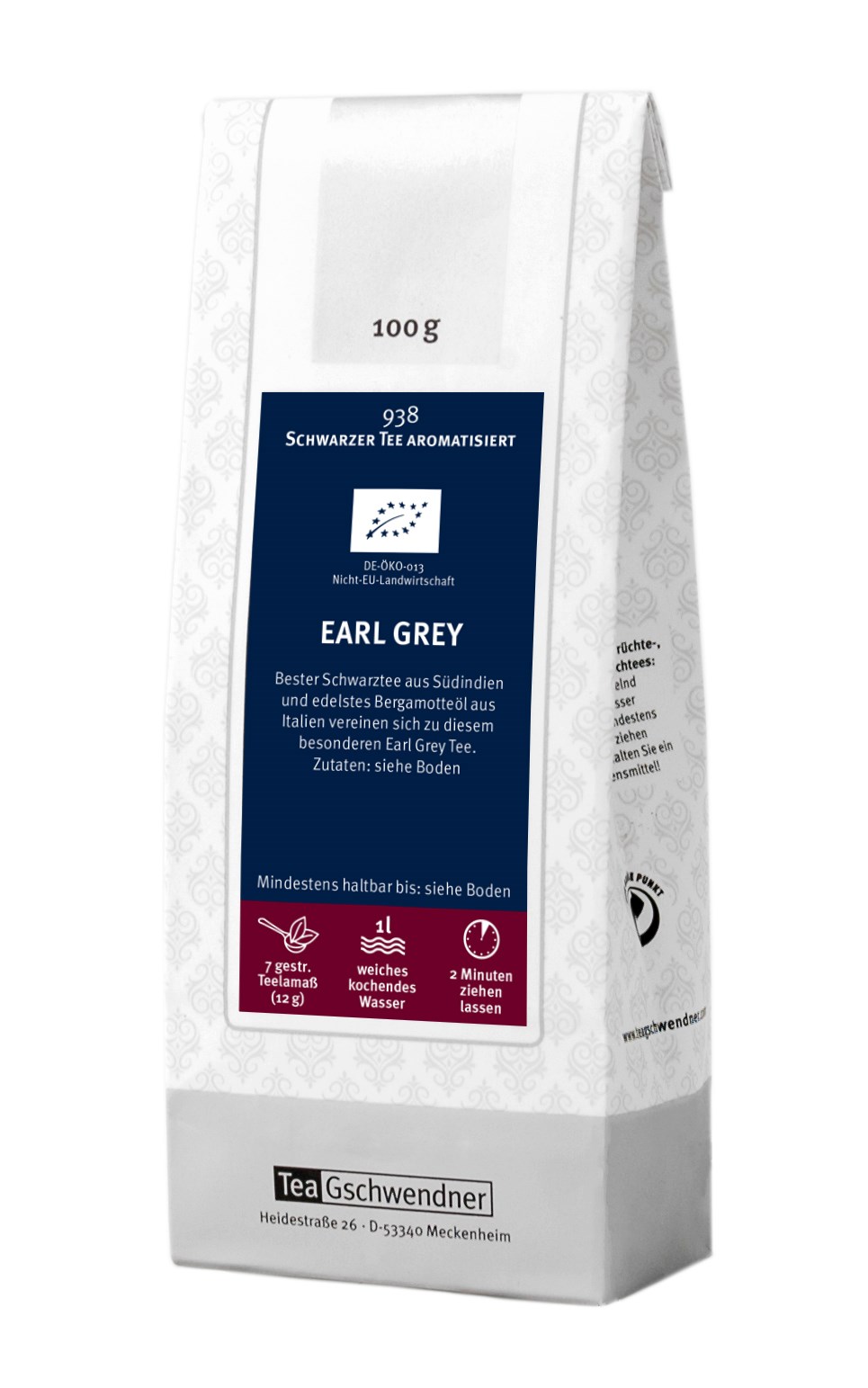 TeaGschwendner Earl Grey Schwarzer Tee 100 g Packung, Earl Grey, Schwarzer Tee, Teebeutel, 100 g, 1 l Wasser