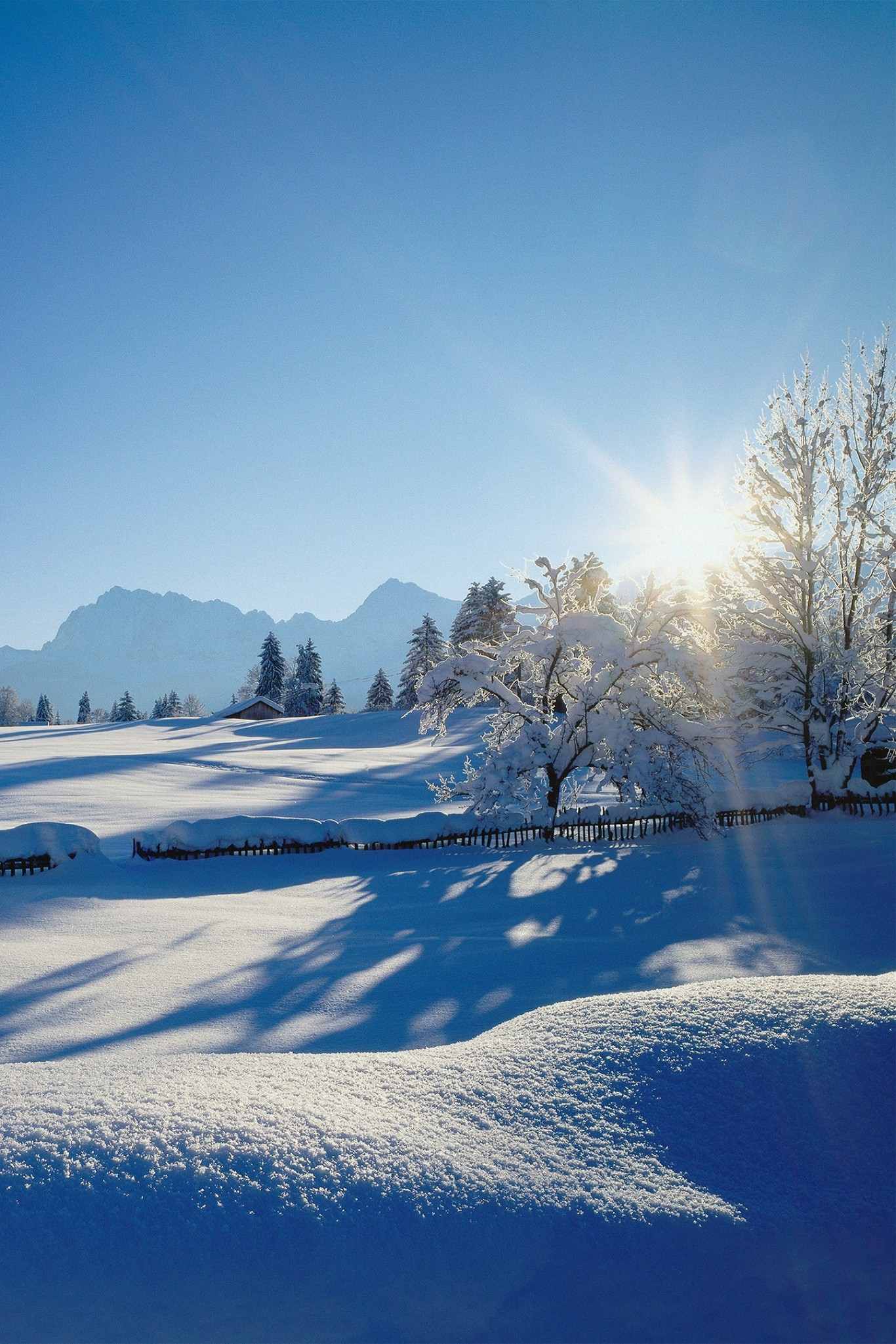 Bright sun over a snowy winter landscape
