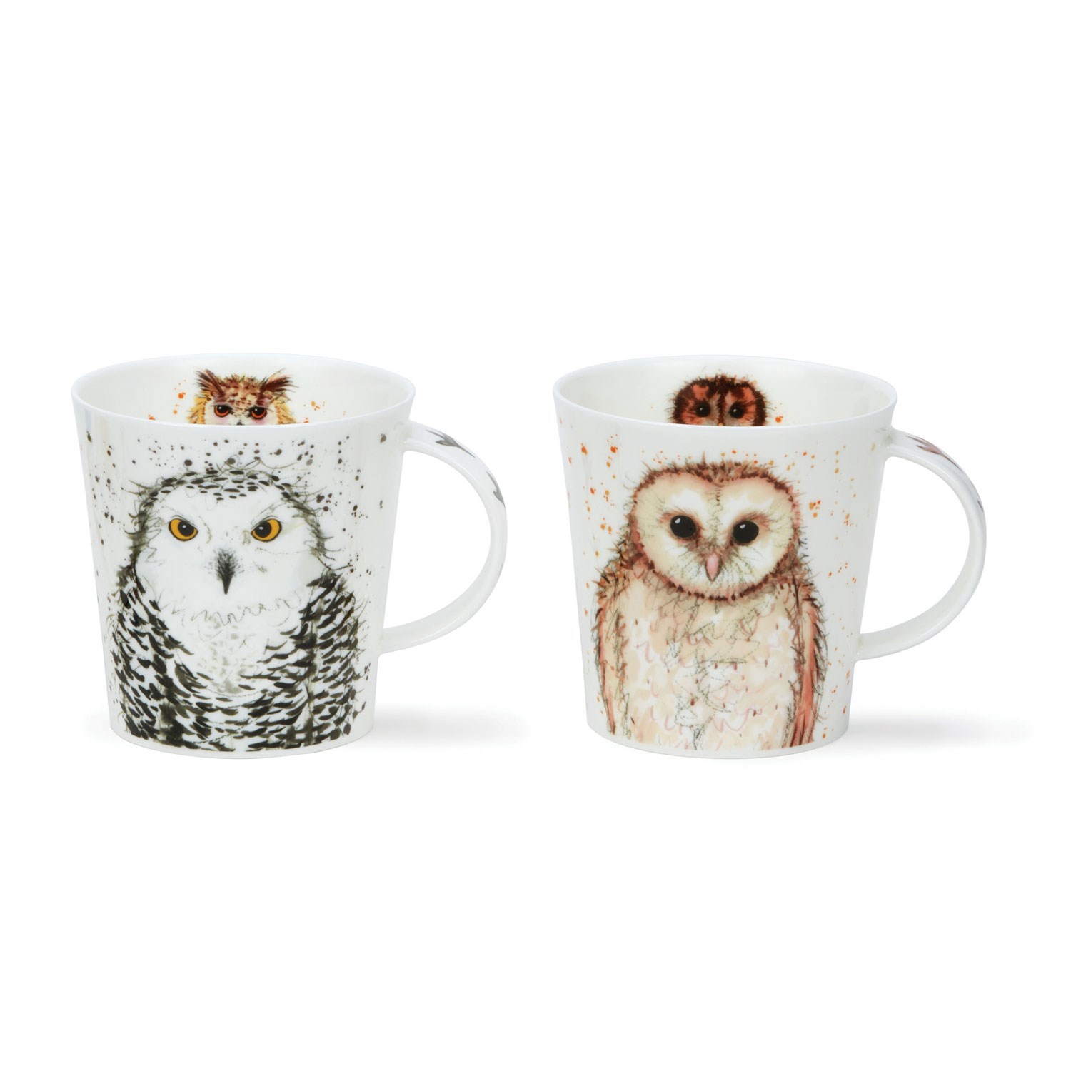 Zwei weiße Porzellantassen mit Eulenmotiven, Kaffeebecher, Eulenmotiv, Eule, weiße Keramik, Becher