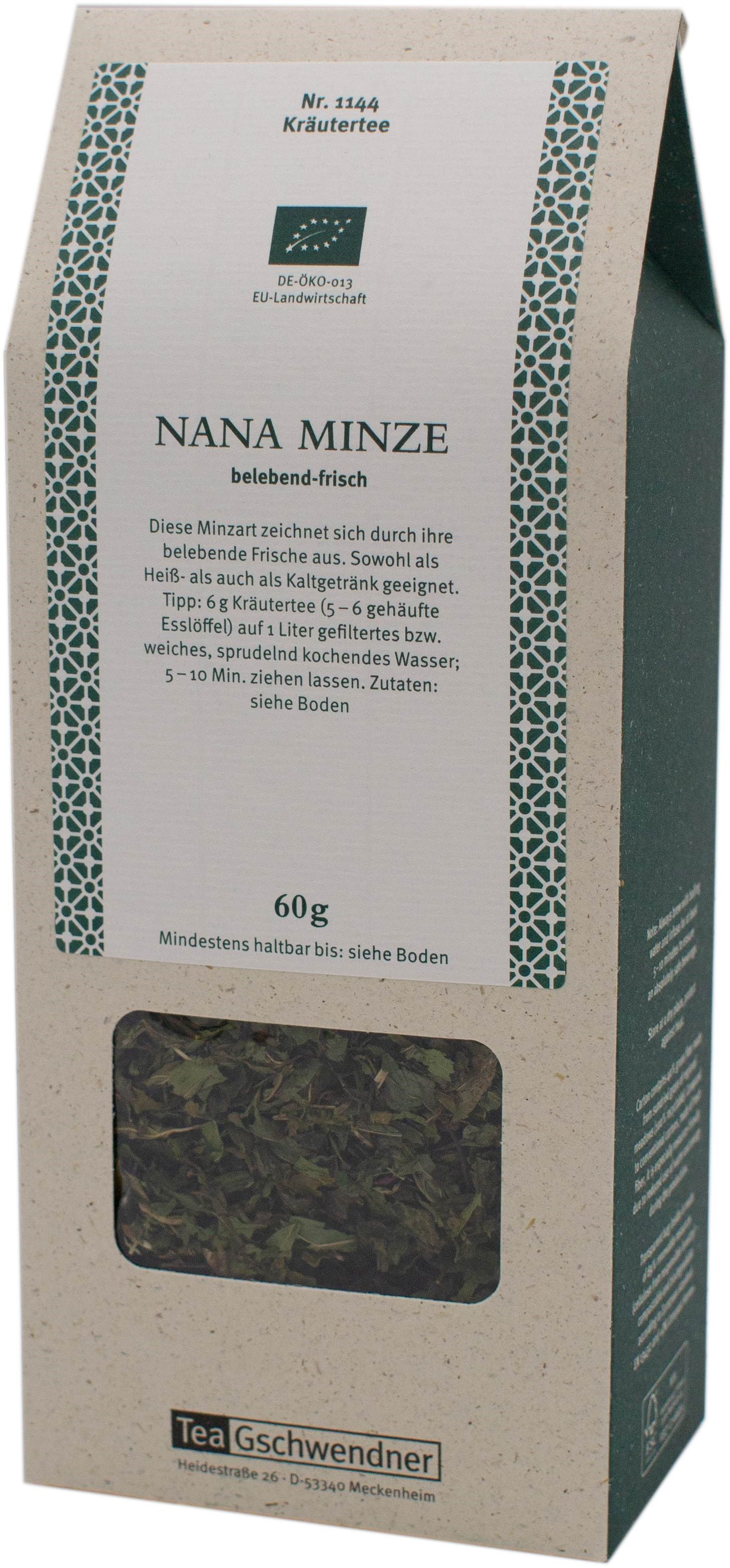 Packung TeaGschwendner Nana Minze Kräutertee 60g, Kräutertee, Minze, Nana Minze, Biotee, 60 g