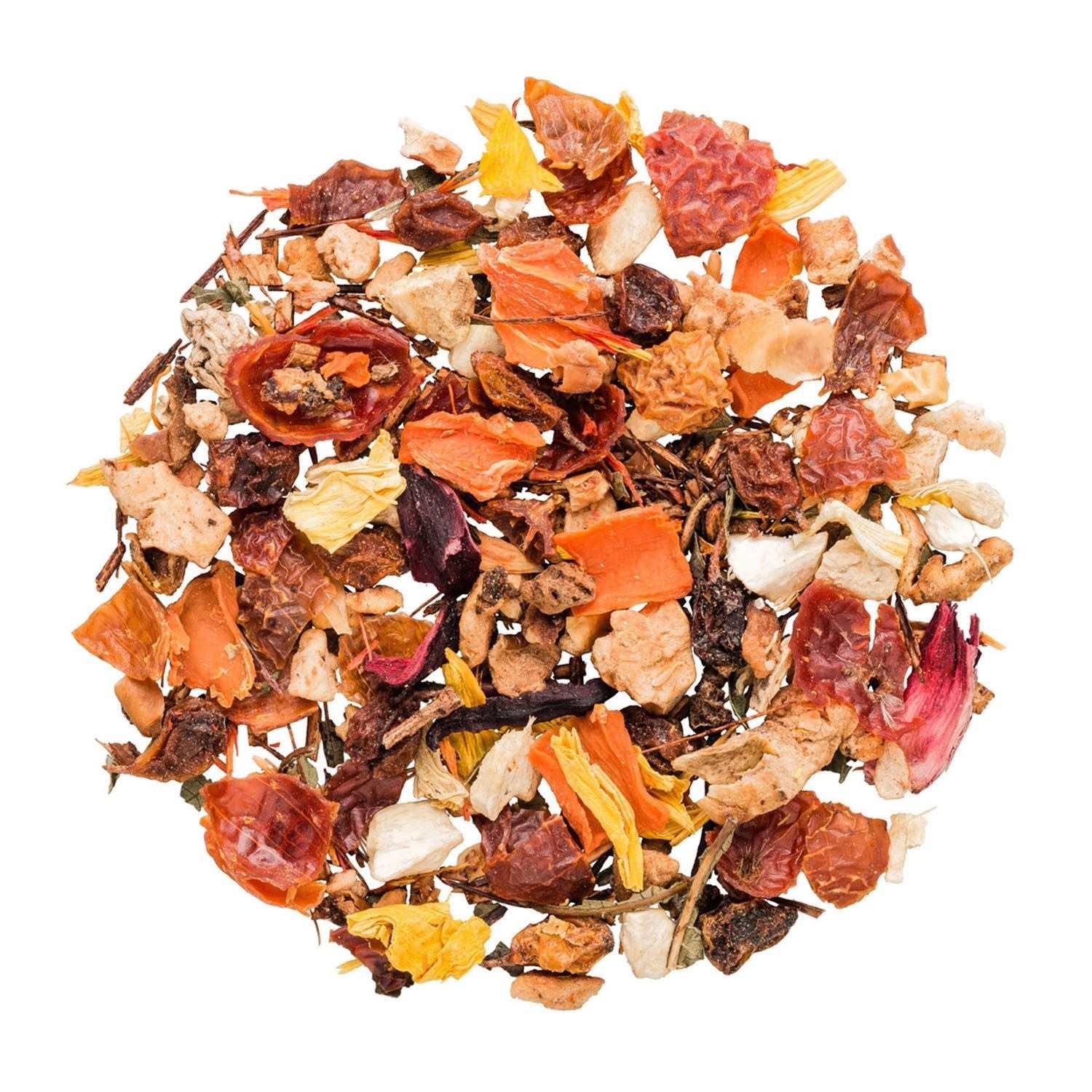 Bunte Früchtetee-Mischung aus getrockneten Früchten, früchte-tee, tees-mixtur,  Kräuter, getrocknete-früchte, orange-gelb