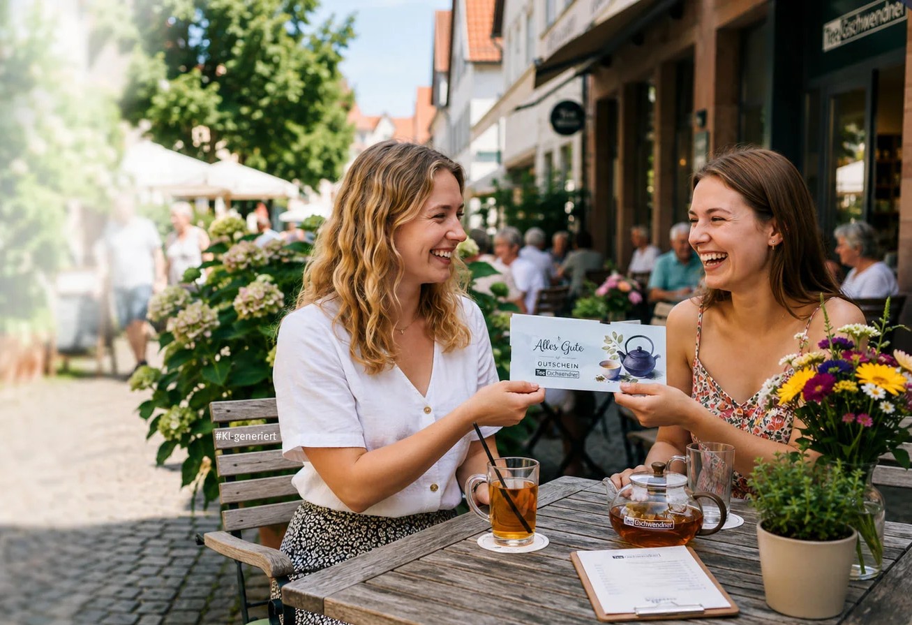 outdoor-cafe, zwei-frauen, teekanne, karte, tee