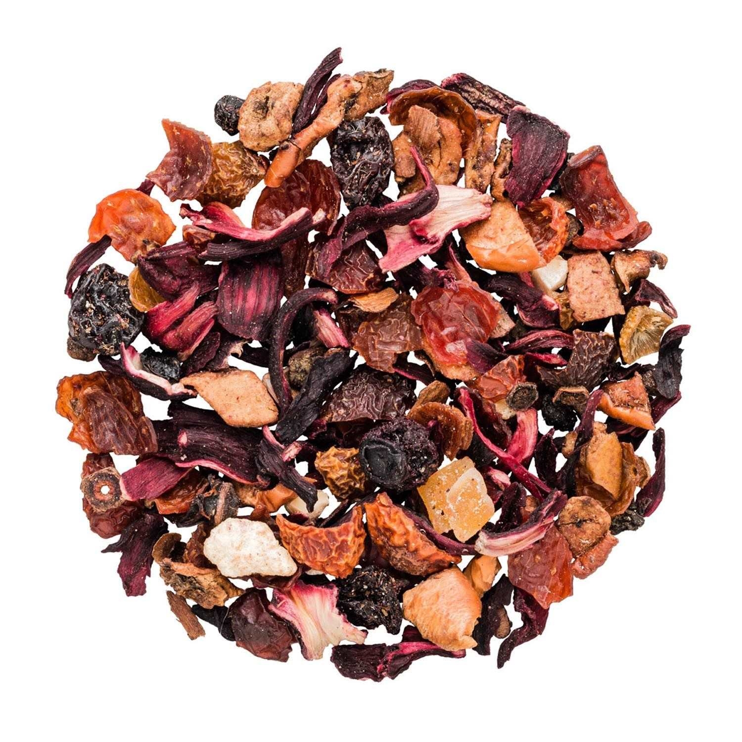Früchtetee, Blütenmischung, Trockenobst, Beeren, Rosenholz