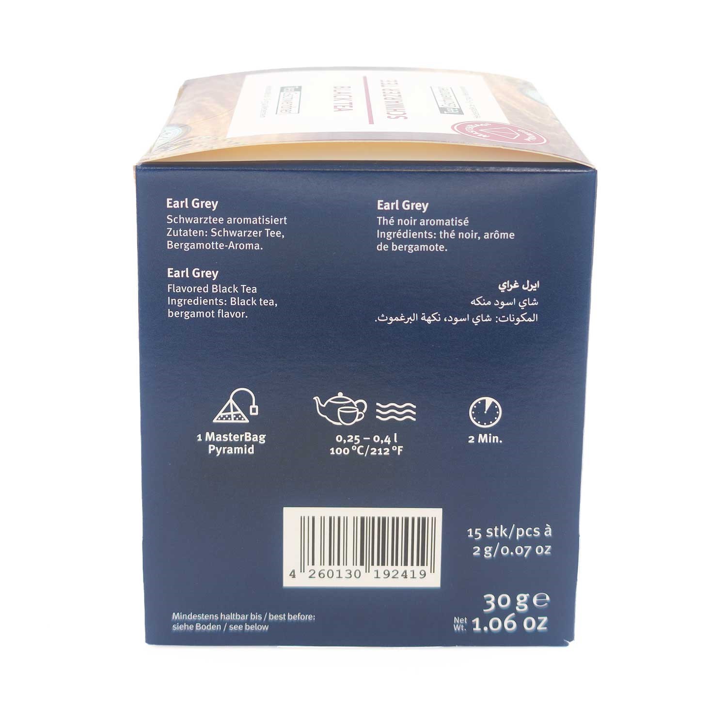 Verpackung Earl Grey Schwarzer Tee, 15 Teebeutel, Earl Grey, Schwarztee, Bergamotte, Teeverpackung, Pyramidenbeutel