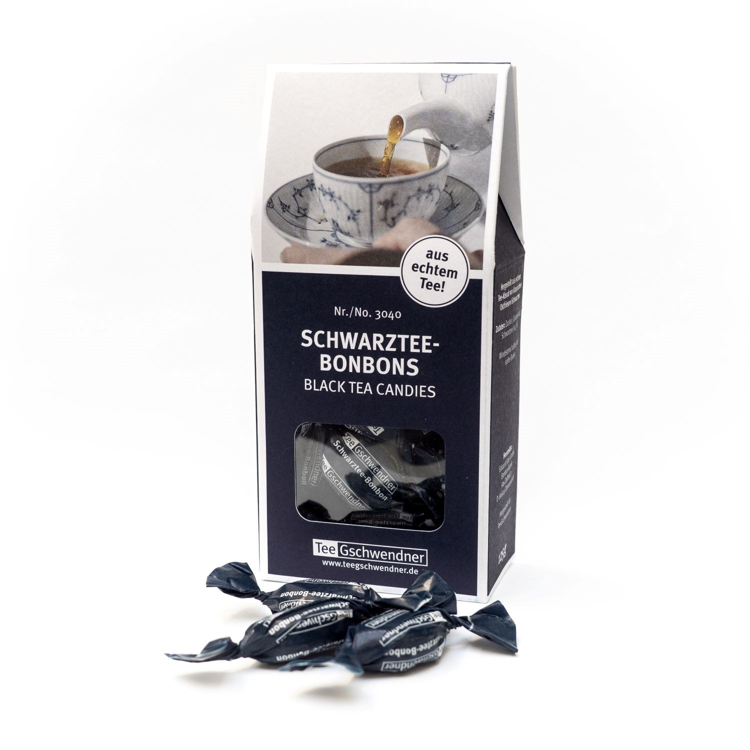 Verpackung TeeGschwendner Schwarztee-Bonbons, Schwarztee, Bonbons, Teebeutel, Boxverpackung, Karamellisiert