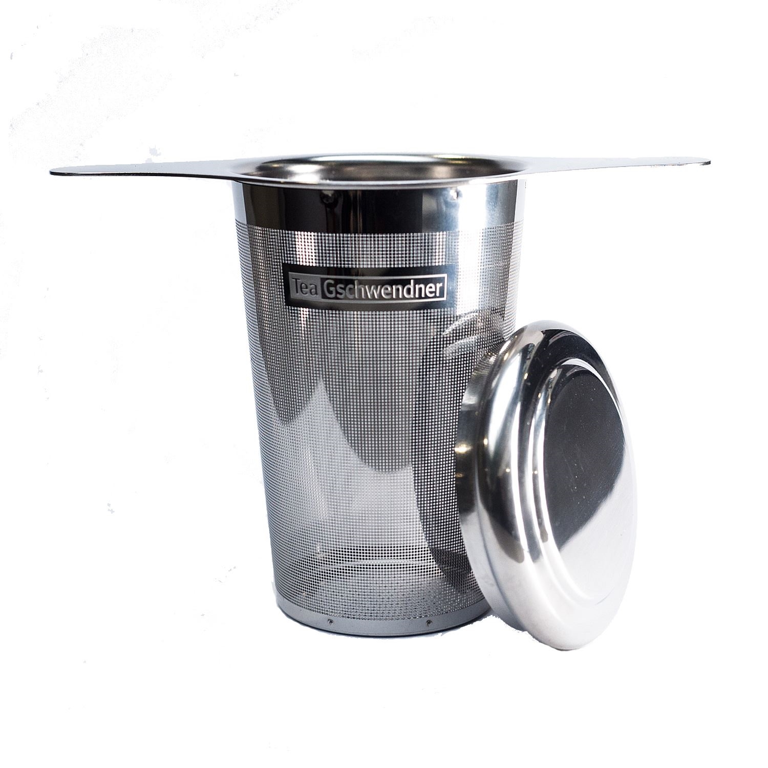 TeaGschwendner Edelstahl-Teesieb mit Abtropfdeckel, Teefilter, Teesieb, Metall, Muster, Gießrand