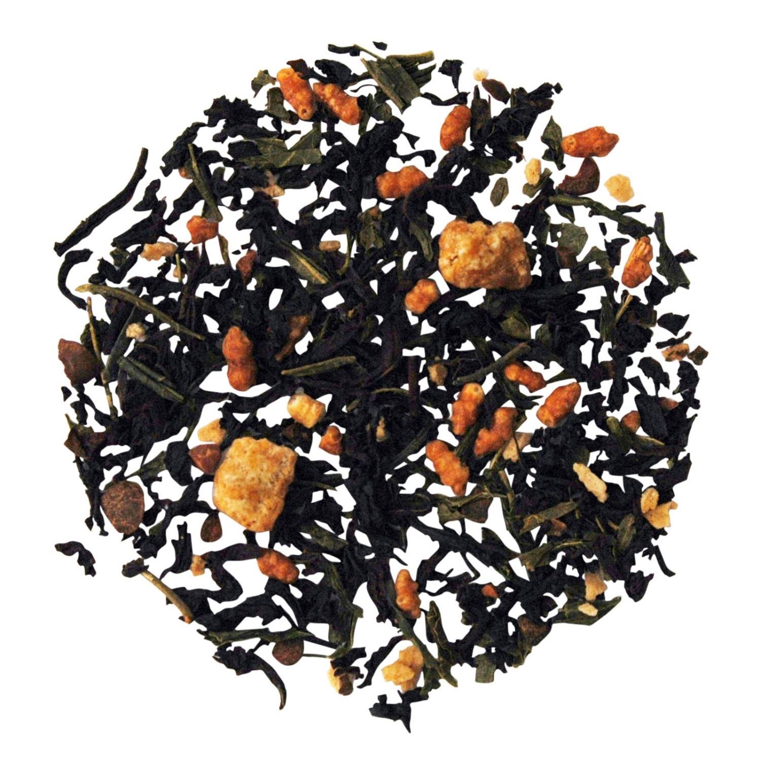Locker geschütteter Genmaicha Grüntee mit Reiskörnern, Schwarztee, Teeblätter, Granulat?, Kräutertee, Fruchtstücke