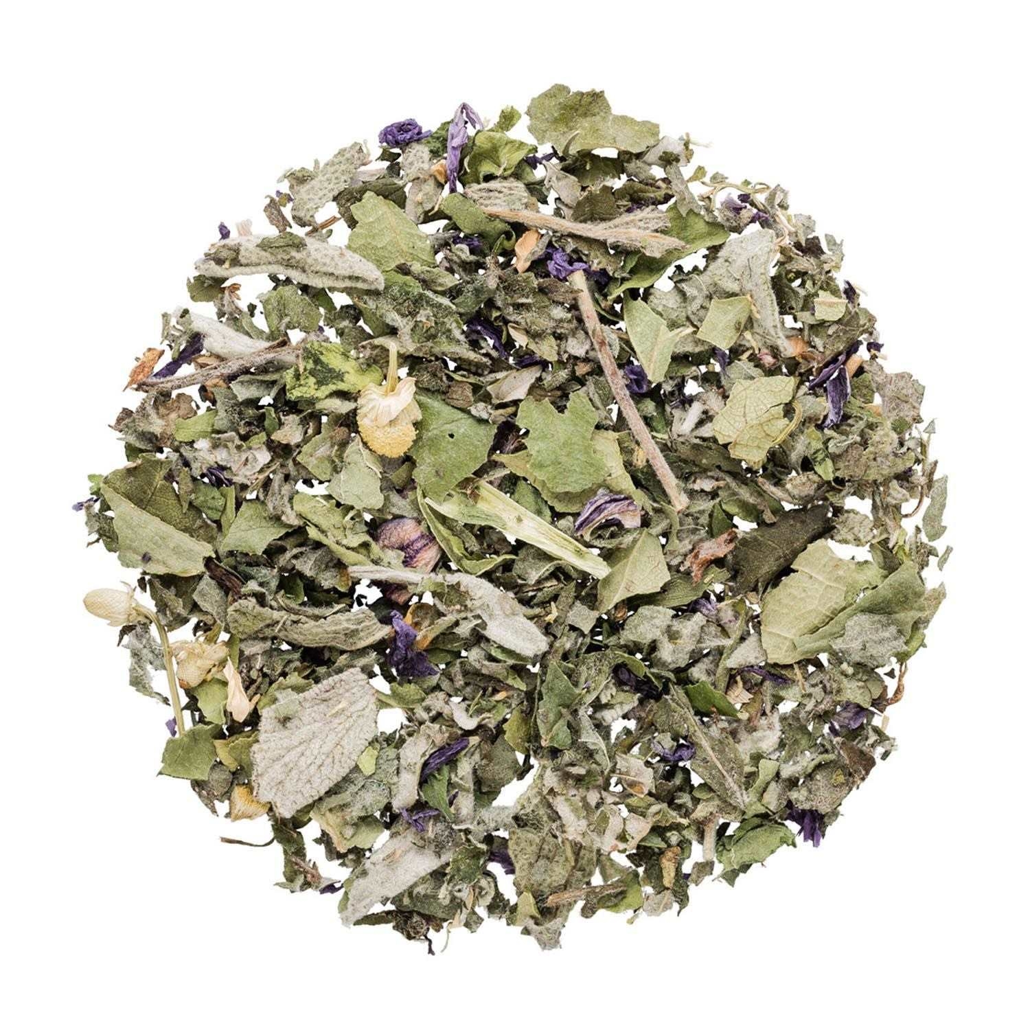 Runde Mischung aus getrockneten losen Kräutertee-Blättern, Kräutertee, Lose Blätter, Samenkraut, Lavendel, Minze