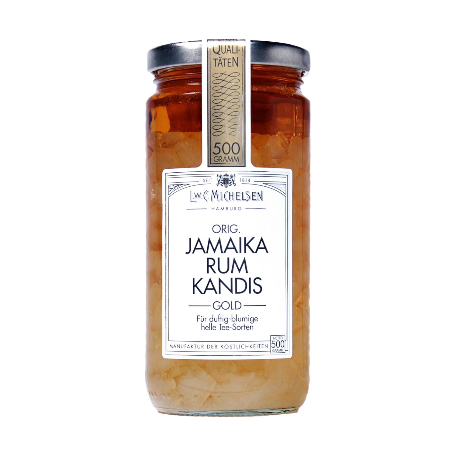 Glas L.W.C. Michelsen Jamaika Rumkandis Gold 500g, Jamaika Rum, Kandis Gold, Rum mit Eiswürfeln, Glasglas-Jar, 500 Gramm