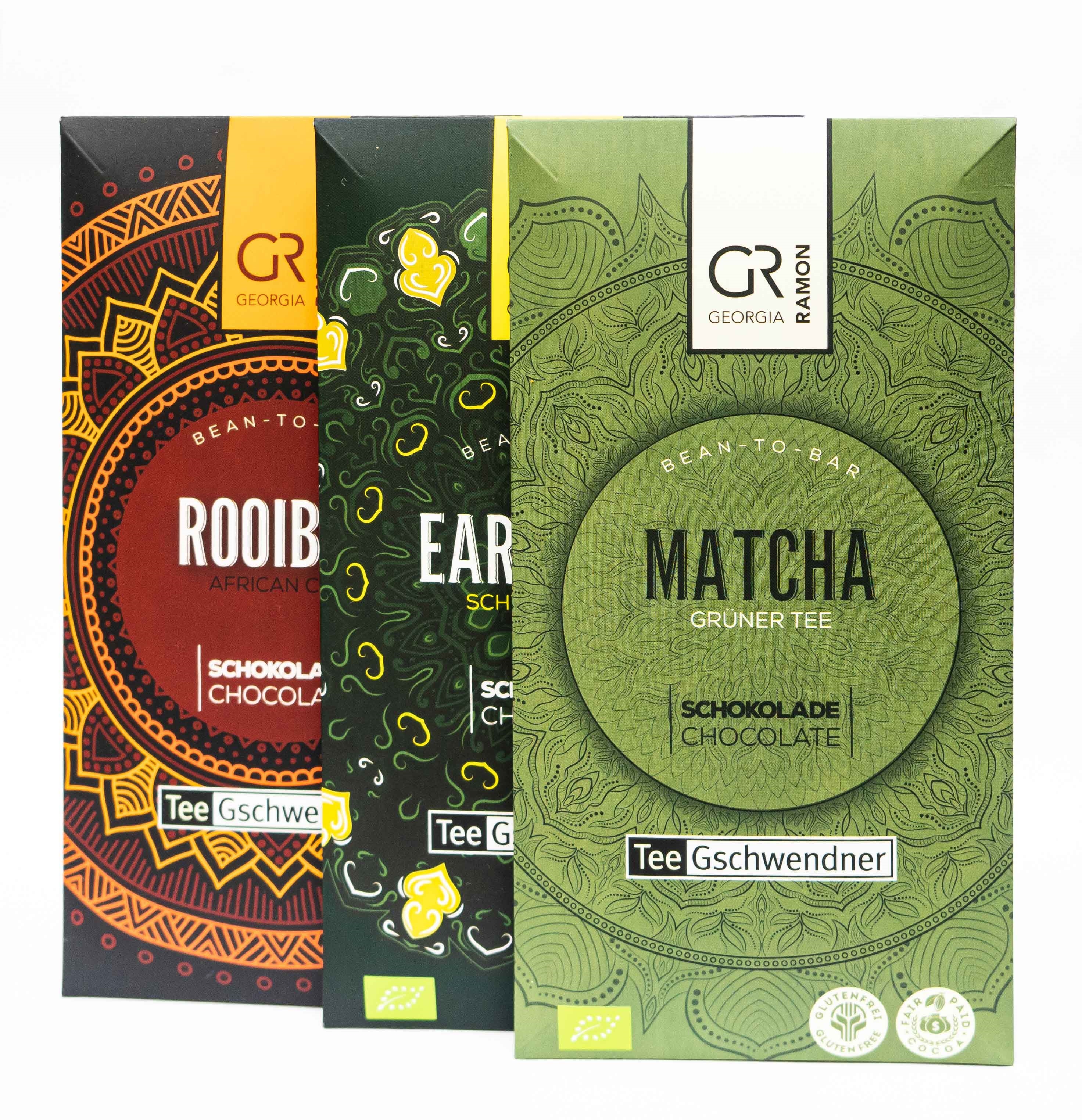 Drei Georgia Ramon Tee-Schokoladen Matcha Rooibos Earl Grey, Matcha, Grüner Tee, Schokolade, Tee-Geschenkset, Bean-to-Bar