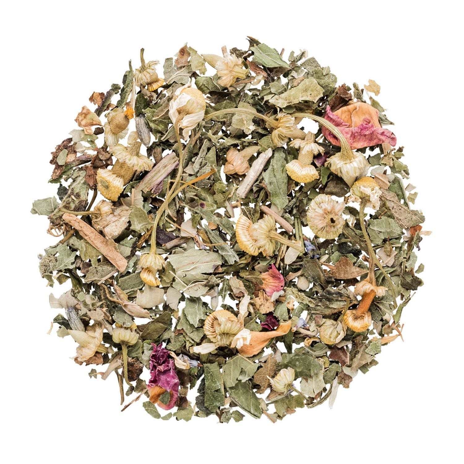Runde Portion loser Kräutertee mit Blüten, Kräutertee, Kräuter, Blätter, Blumenbestand, Lose Mischung
