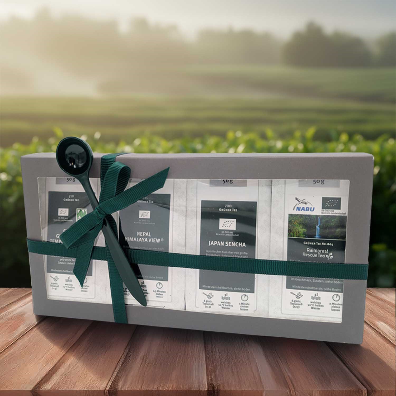 Gift box Organic Green Tea Starter Set by TeeGschwendner with four 50 g green teas and measuring spoon in front of tea plantation, ideal for green tea beginners