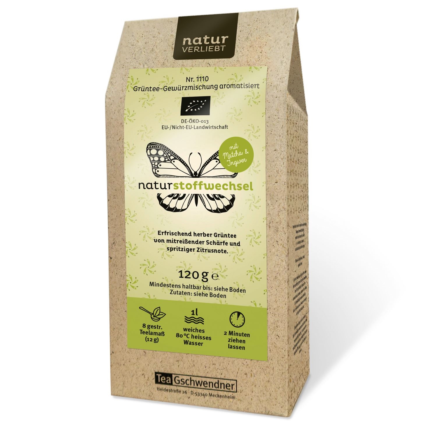TeaGschwendner Naturstoffwechsel Grüner Tee 120g Packung, Kräutertee, Grüntee-Mischung, Bio, Naturstoffwechsel, 1l Wasserler