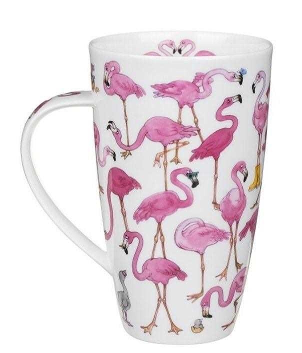 Weiße Kaffeetasse mit vielen pinken Flamingos bedruckt, Flamingo-Tasse, Rosa Flamingos, Keramikbecher, Küchenbecher, Flamingo Muster