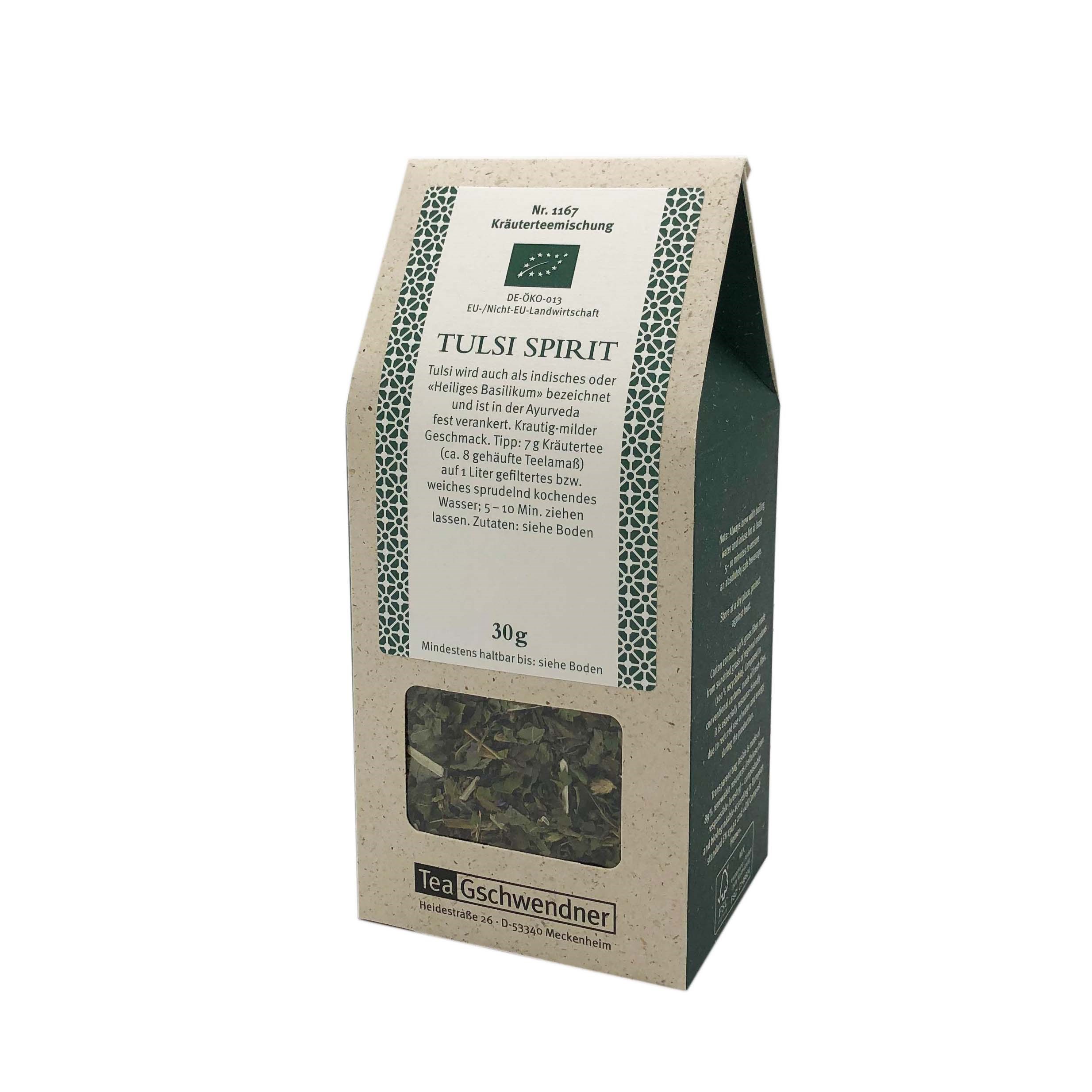 Packung TeaGschwendner Tulsi Spirit Kräutertee 30g, Kräuterteemischung, Tulsi Spirit, 30 g, Teebeutel, Kartonverpackung