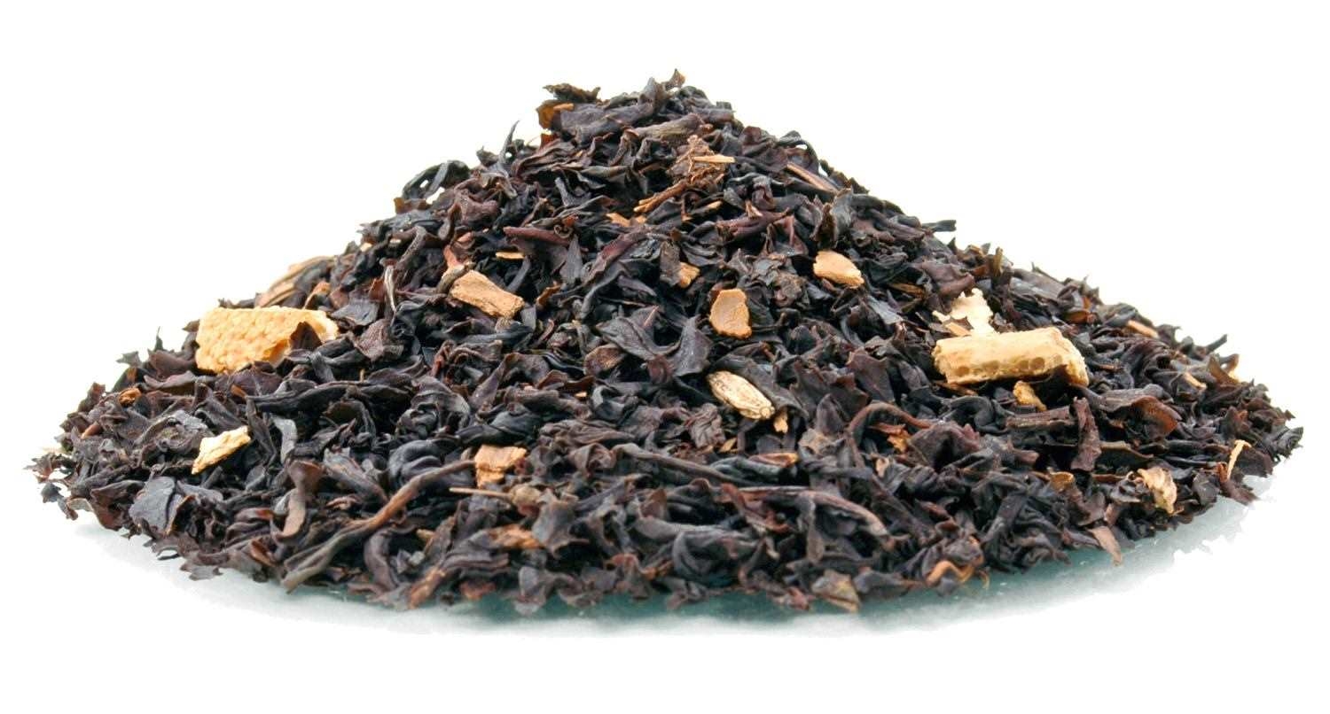 Lose Teemischung aus schwarzem Tee und Orangenschalen, Hojicha, Rösttee, Schwarztee, Teerinde, getrocknete Teeblätter