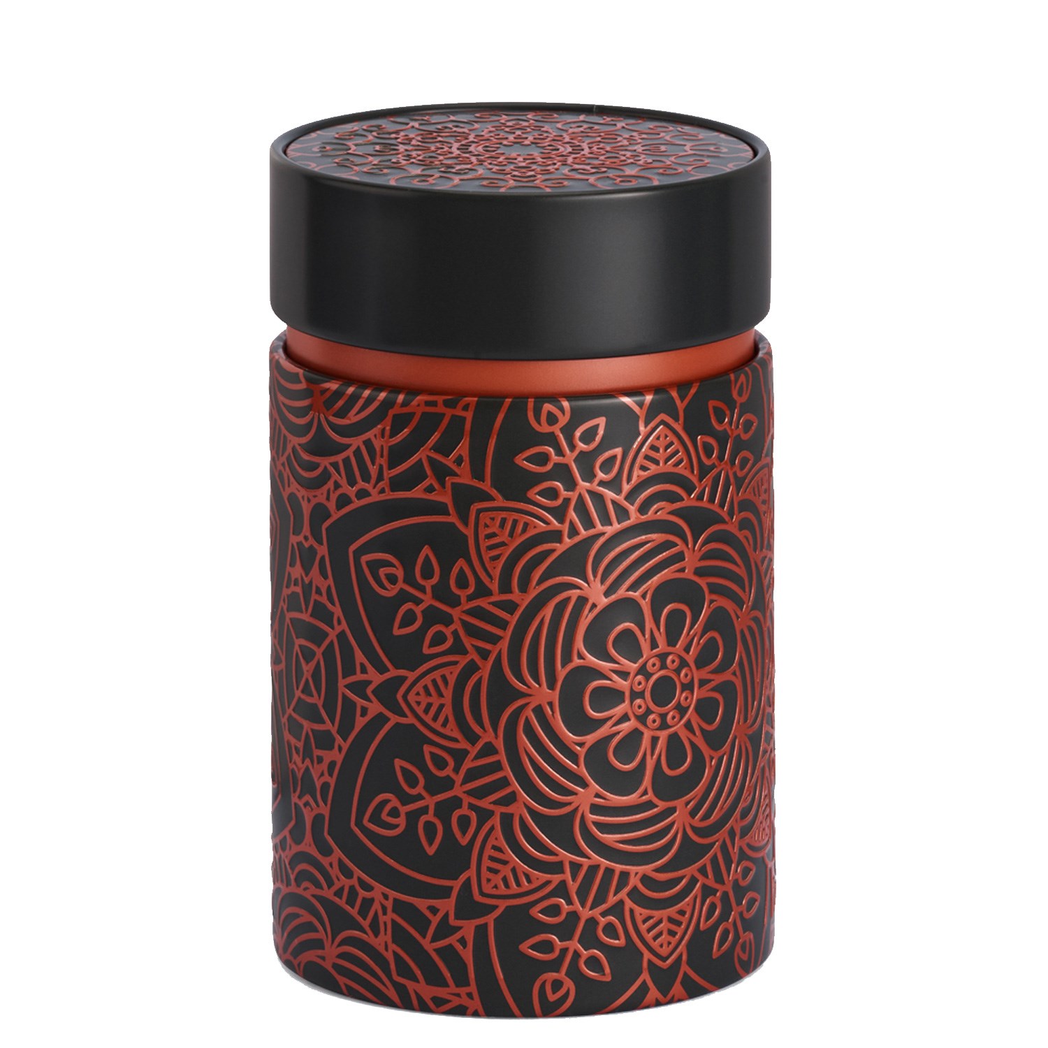 Schwarze Teedose mit rotem Mandala-Ornament, Thermal bottle, Container, Pattern, Floral pattern, Durable material
