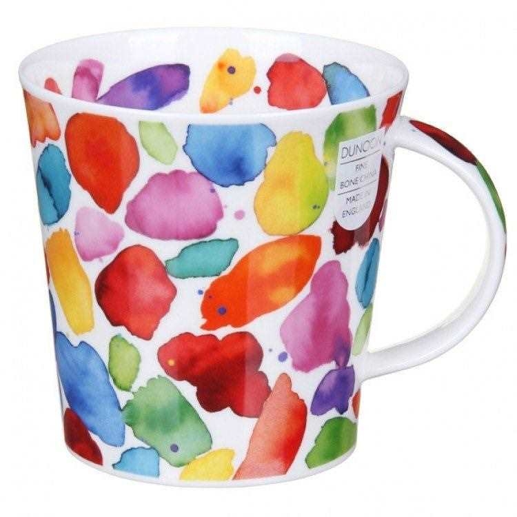 Weiße Tasse mit buntem Aquarell-Flecken Design, Tasse, Becher, Keramik, bunte Muster, Porzellan oder Keramik?