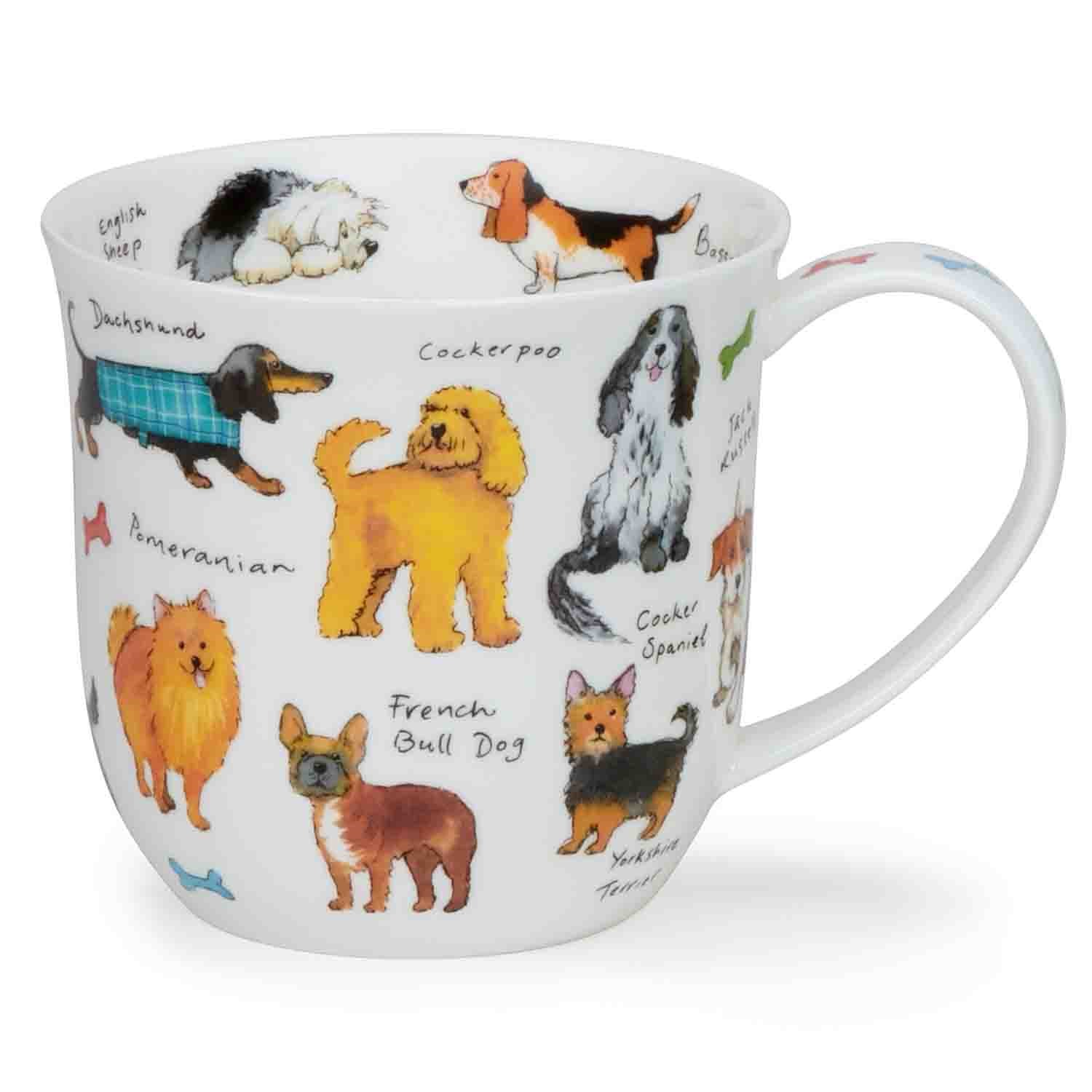 Weiße Porzellantasse mit Illustrationen verschiedener Hunder, Hunde, Hunderrassen, Tasse, Porzellan,  weiße Tasse