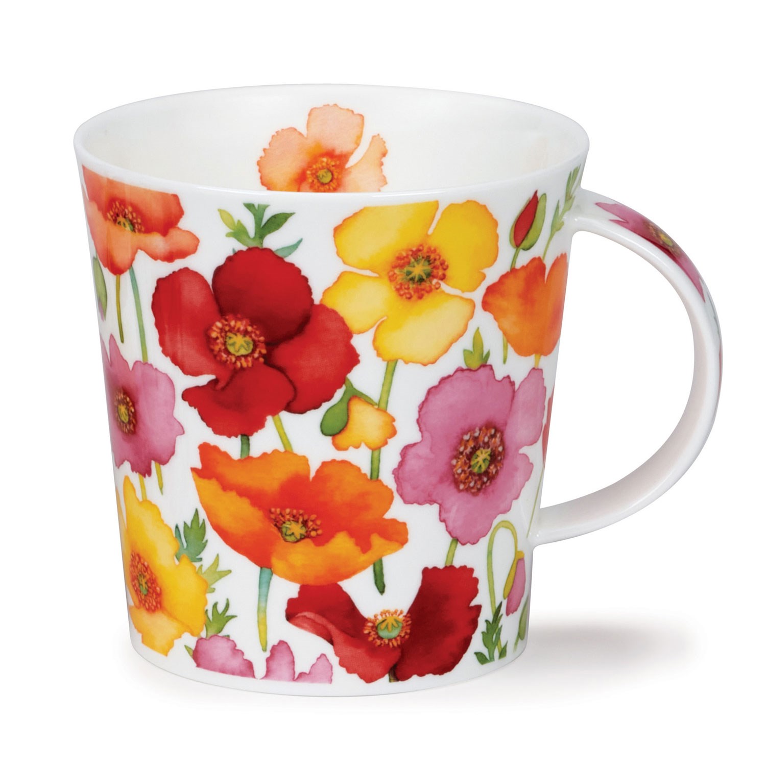 White porcelain mug with bright red, yellow, orange and pink flower print and handle