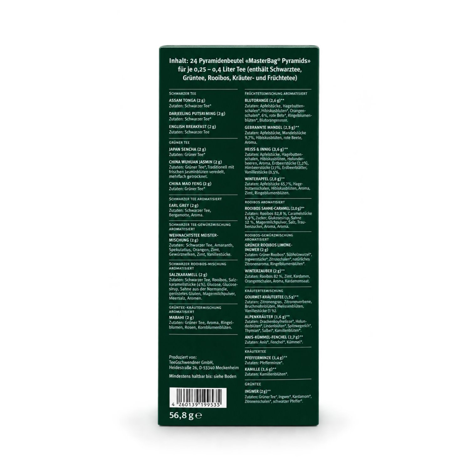 Tee-Verpackung, Pyramidenbeutel, Teesortiment, Grüntee, Früchteteemischung