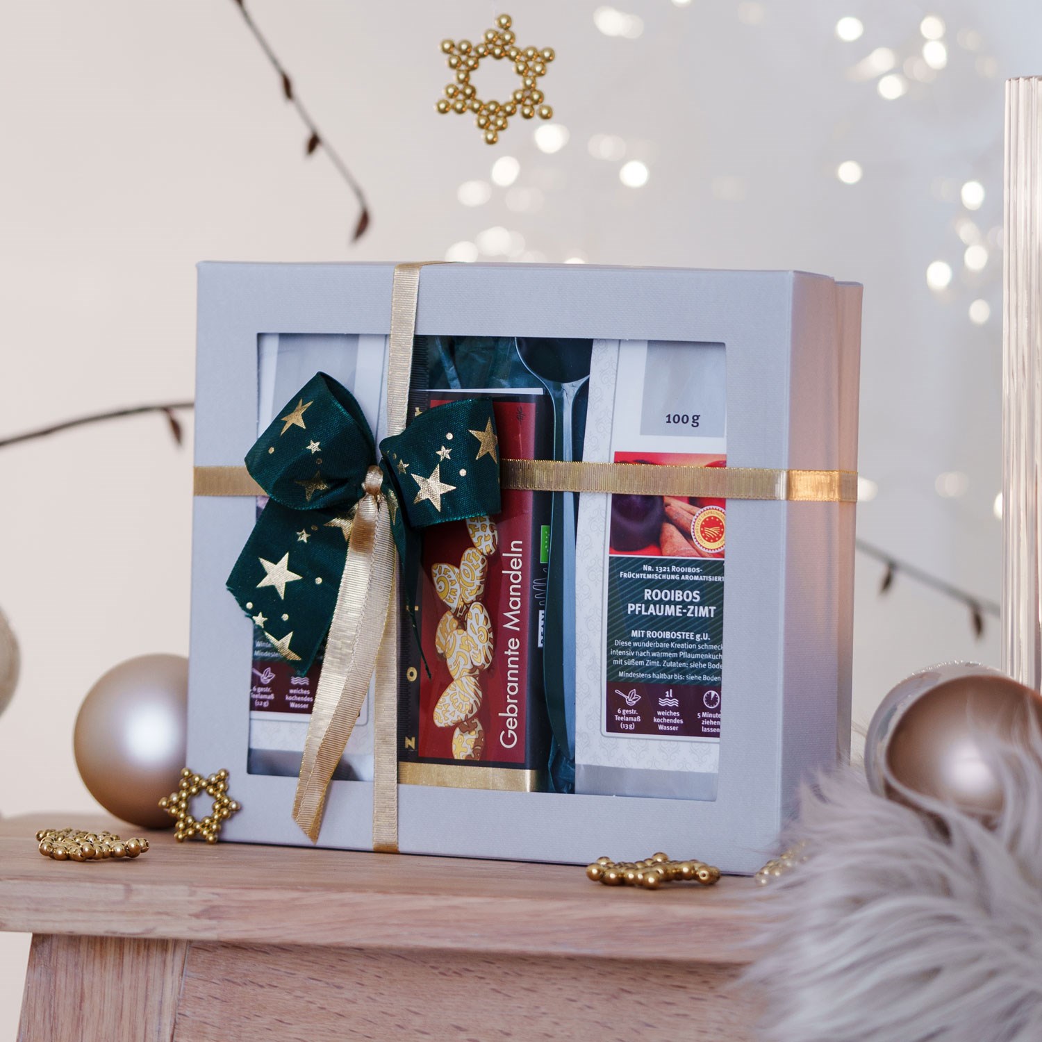 Geschenkbox mit Rooibos-Tee und gebrannten Mandeln dekorativ, Geschenkset, Teegeschenke, Kreationset, Box mit Verpackung, Dekorationslauf