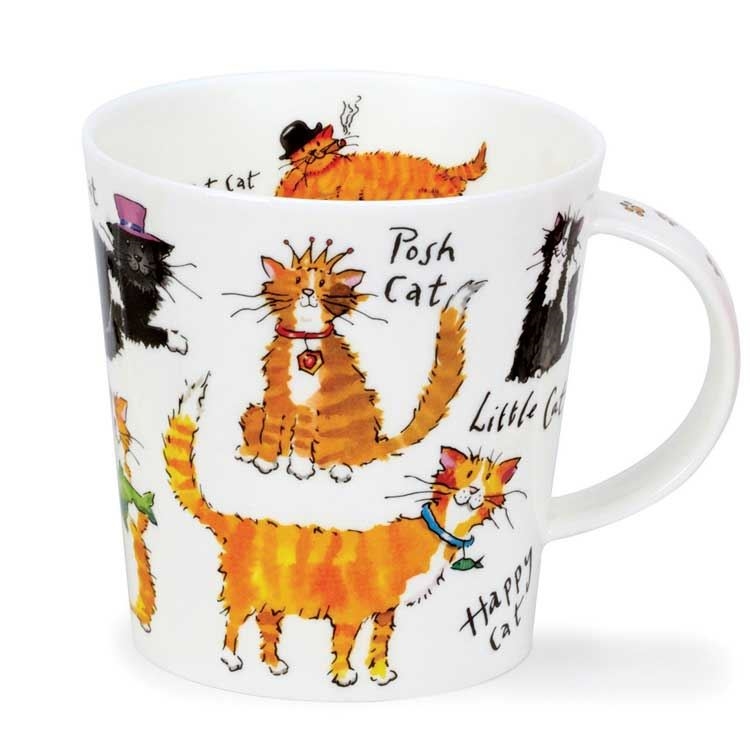 Weiße Tasse aus Porzellan mit bunten Katzenmotiven, Kaffeetasse, Tiermuster, Katze, Porzellan, bunte Katzen