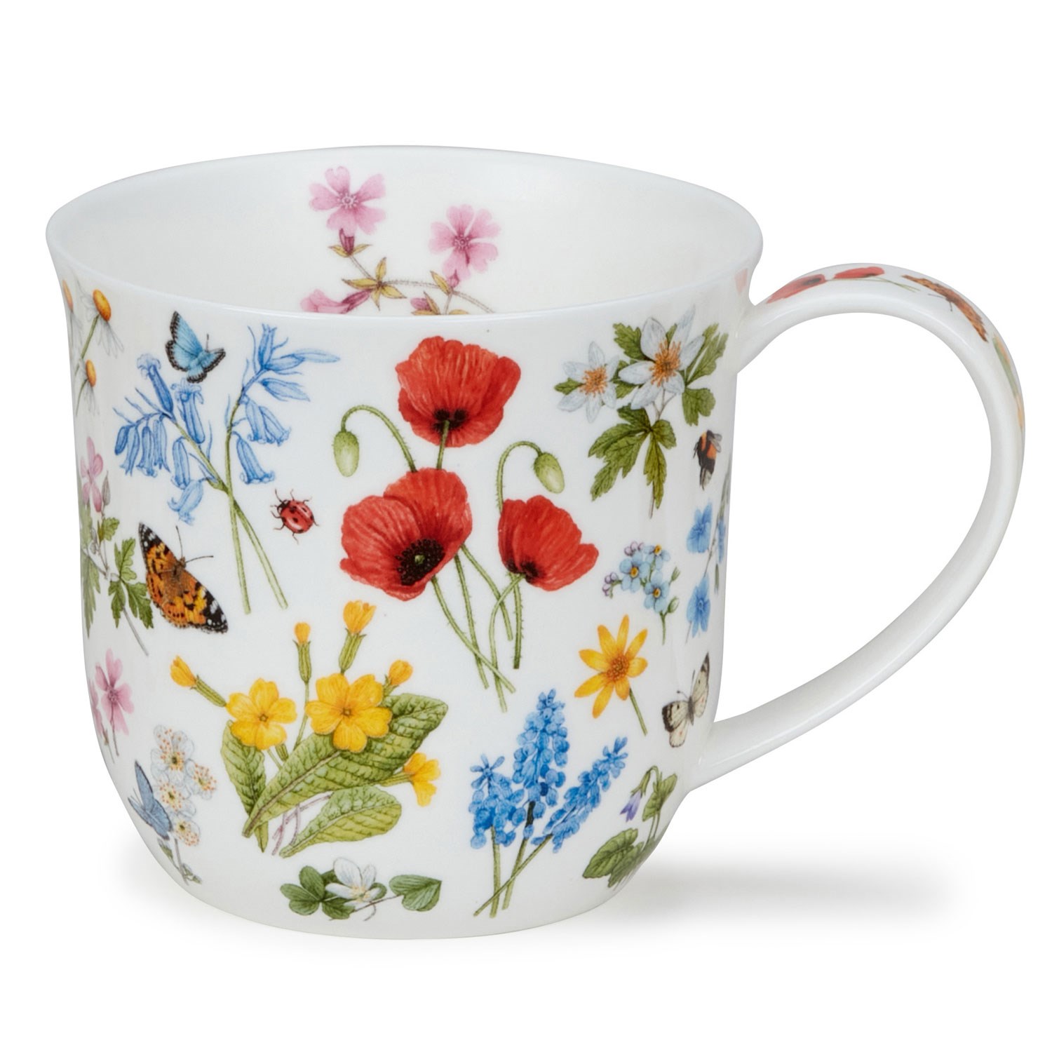 White porcelain mug with colourful flower pattern and butterflies