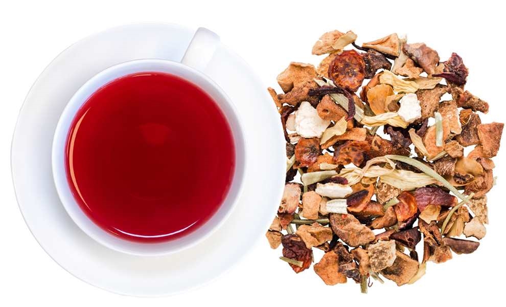 Weiße Tasse mit rotem Früchtetee und loser Tee, Kräutertee, Teebeutel, Glas Tasse, Roter Tee, Trockenextrakt
