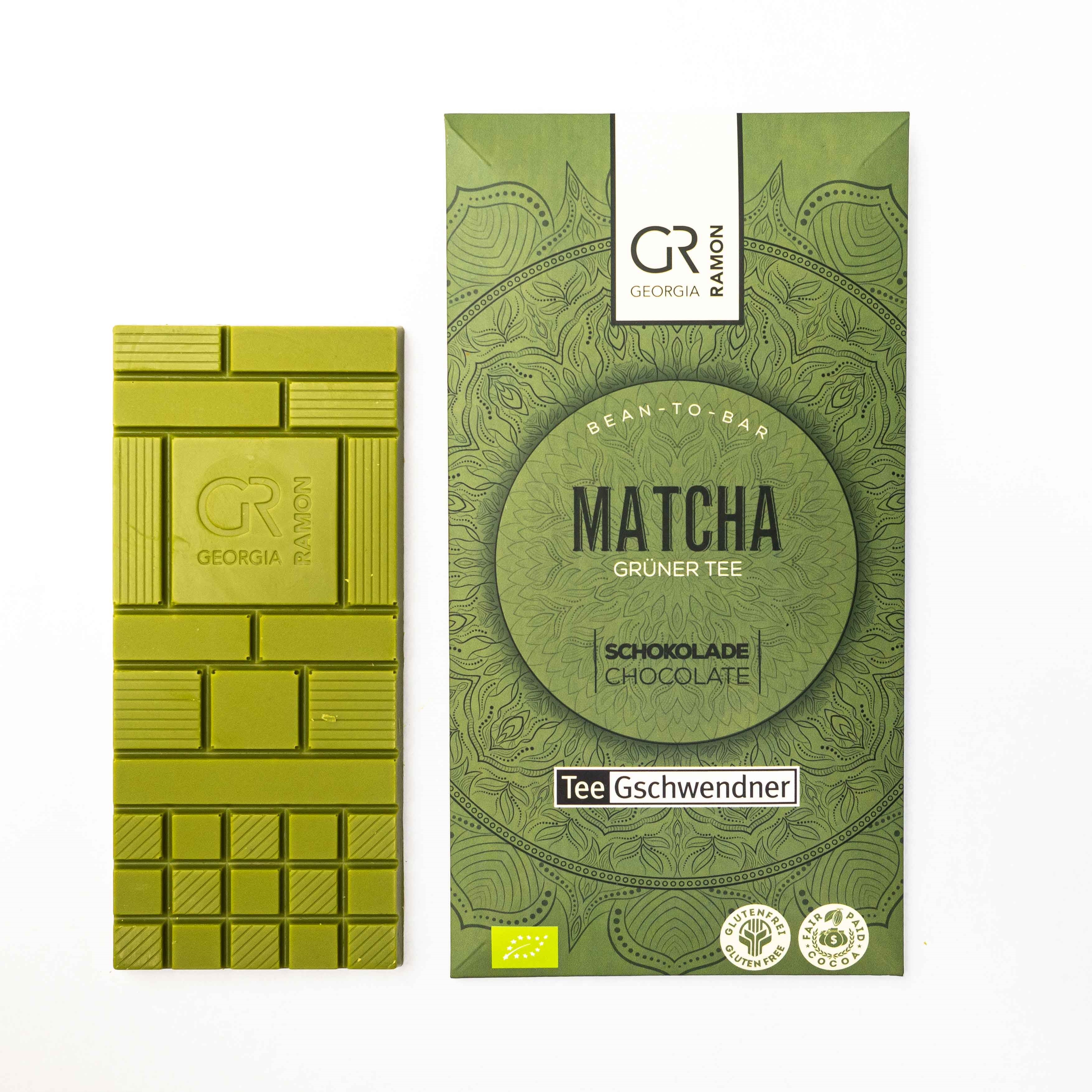 Tafel Georgia Ramon Matcha Schokolade mit grüner Verpackung, Schokolade, Matcha, Grüner Tee, Tafel, Georg ia Ramon