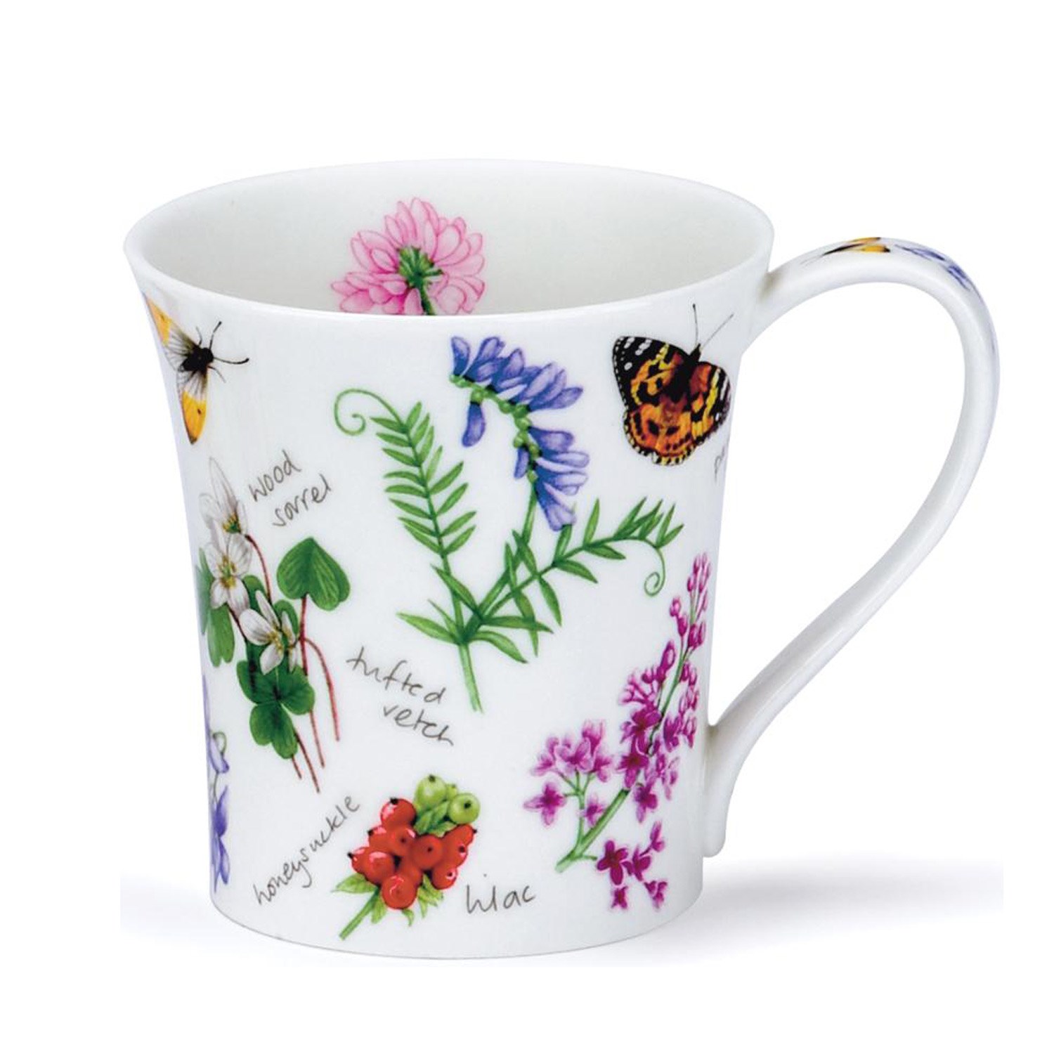 Weiße Bone-China-Tasse mit Blumen und Schmetterlingen, porzellanbecher, blumiges design, teebecher, handgezeichnetes muster, schmetterling, 陶瓷杯, 花卉图案, 带把手, 白色杯身, 蝴蝶图案